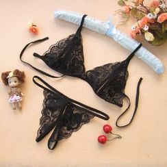 Shakita(シャキータ) - Lace Lingerie Set: Cut-Out Bralette + Crotchless Thong