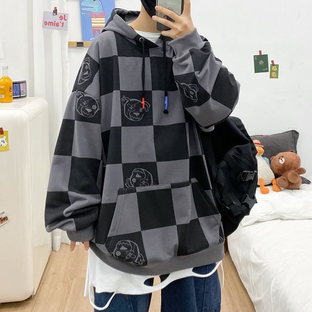 PILLARS Bear Print Plaid Hoodie YesStyle