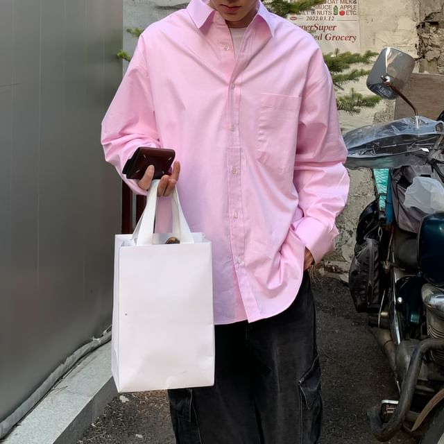 Okwano-Long-Sleeve Plain Pocket Front Shirt