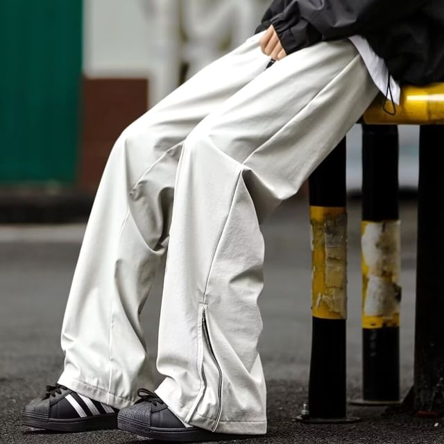 Lingaris-Drawstring Waist Plain Zipped Wide Leg Pants