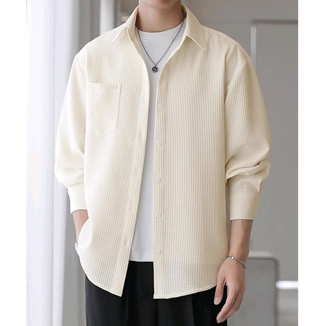 Nightbell-Long-Sleeve Ribbed Plain Shirt