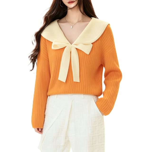 Windflower-Contrast Collar Bow Ribbed Sweater