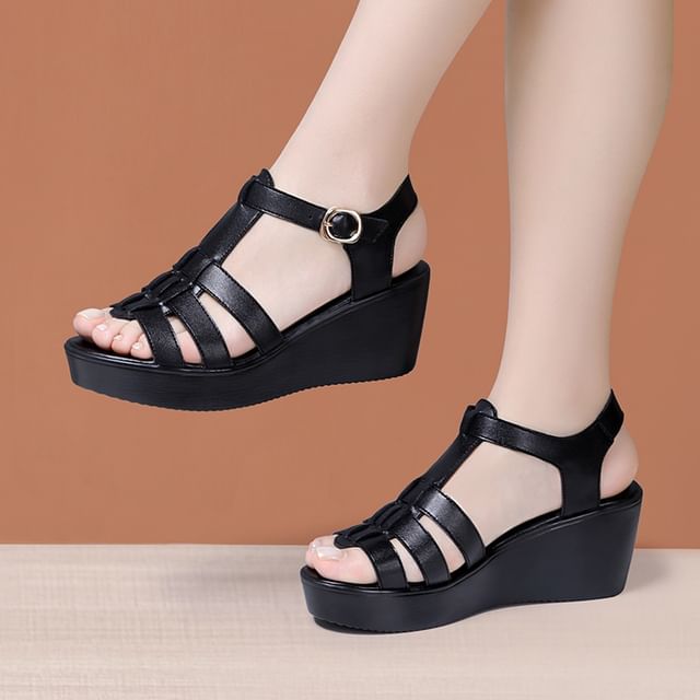 Freesia-Platform Wedge Plain Genuine Leather Gladiator Sandals