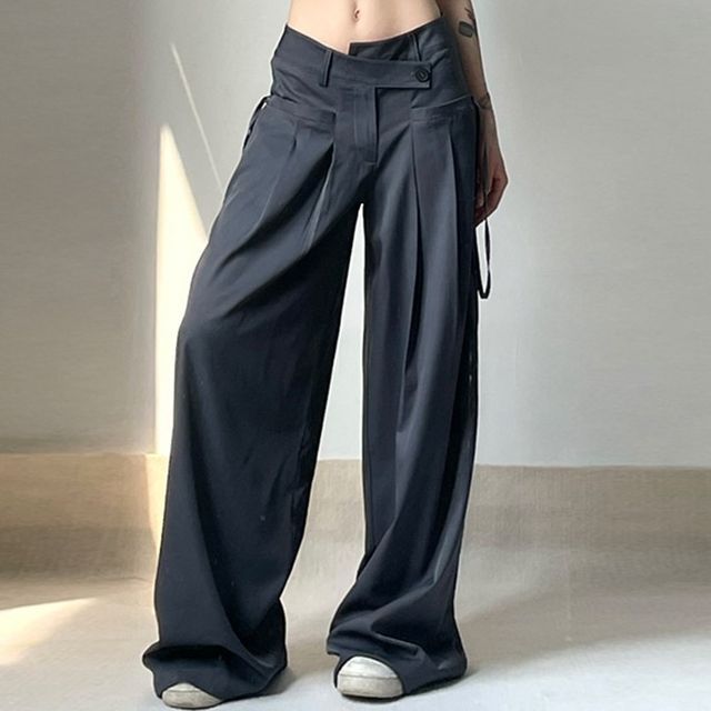 Low Rise Plain Asymmetrical Button-Fly Loose-Fit Suit Pants