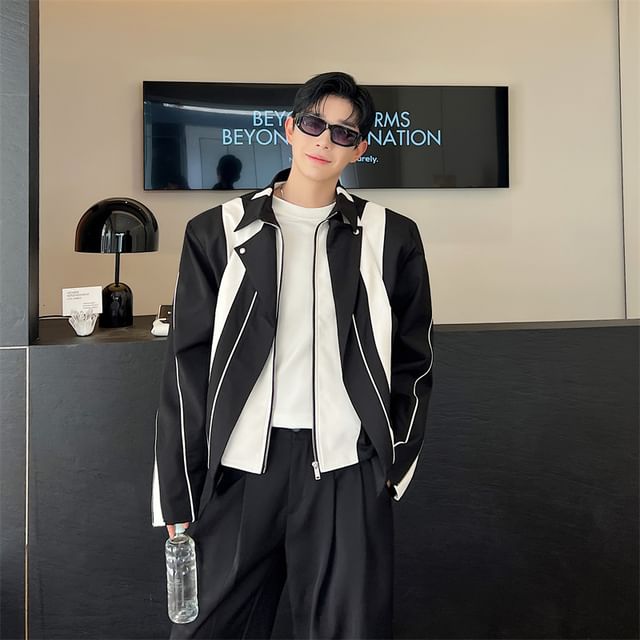 Patow-Lapel Collar Two Tone Zip Jacket