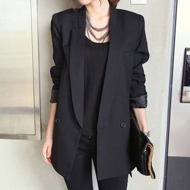 Yilda-Lapel Collar Plain Double-Breasted Blazer