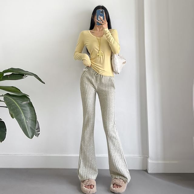 Maisee-Drawstring Waist Plain Ribbed Flared Pants