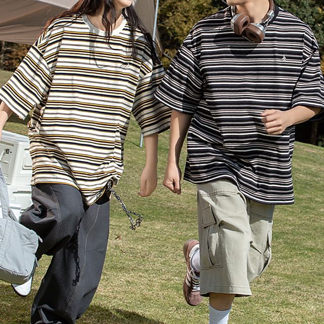 Really Point-Couple Matching Short Sleeve Round Neck Drop Shoulder Striped Oversized Tee