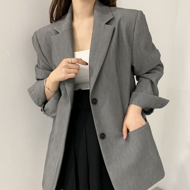 Jesong-Notch Lapel Single-Breasted Plain Blazer