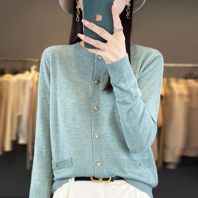Weelop-Crew Neck Plain Cardigan