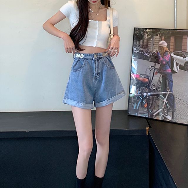 Everose-High Waist Washed Denim Shorts