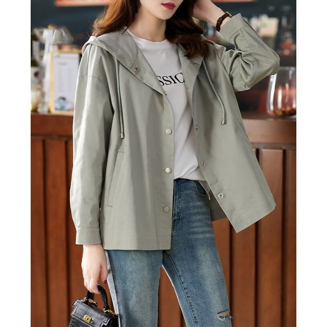 Jeonseon-Plain Hooded Button-Up Jacket