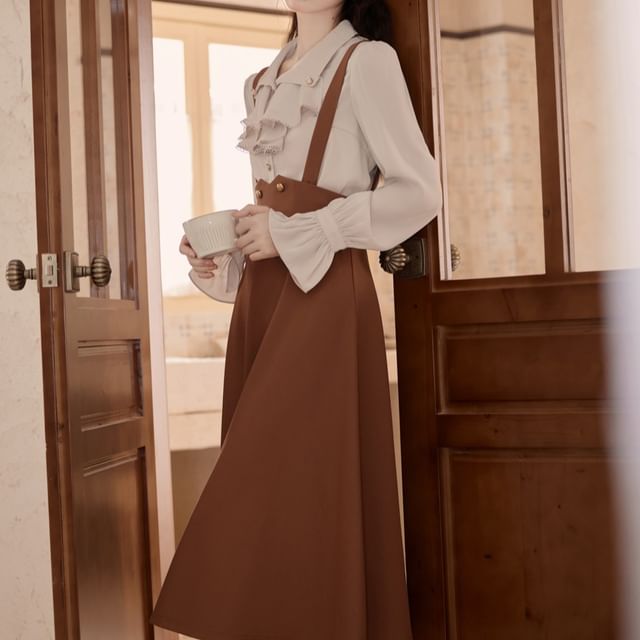 Nebbia-Set Long Sleeve Collared Plain Ruffle Blouse High Rise Plain Double Breasted Midi A-Line Overall Skirt