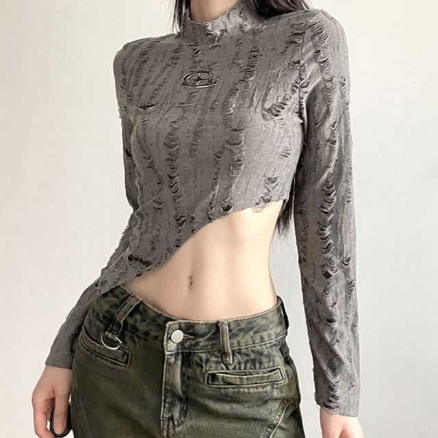 Sosana - Long Sleeve Plain Distressed Slim-Fit Asymmetric-Hem Crop Top