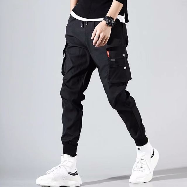 Macho-Drawstring Waist Plain Cropped Tapered Cargo Pants