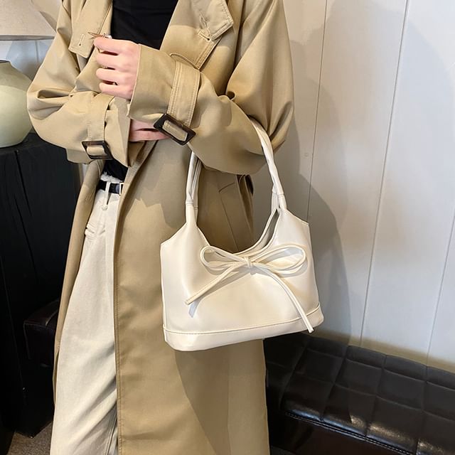 KOCORE-Faux Leather Plain Bowknot Shoulder Bag