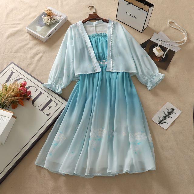 RAIN DEER Spaghetti Strap Gradient A-Line Dress Light Jacket