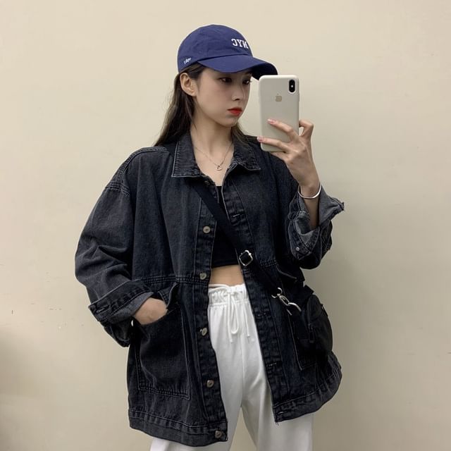 Lexama-Collared Washed Denim Button Down Jacket