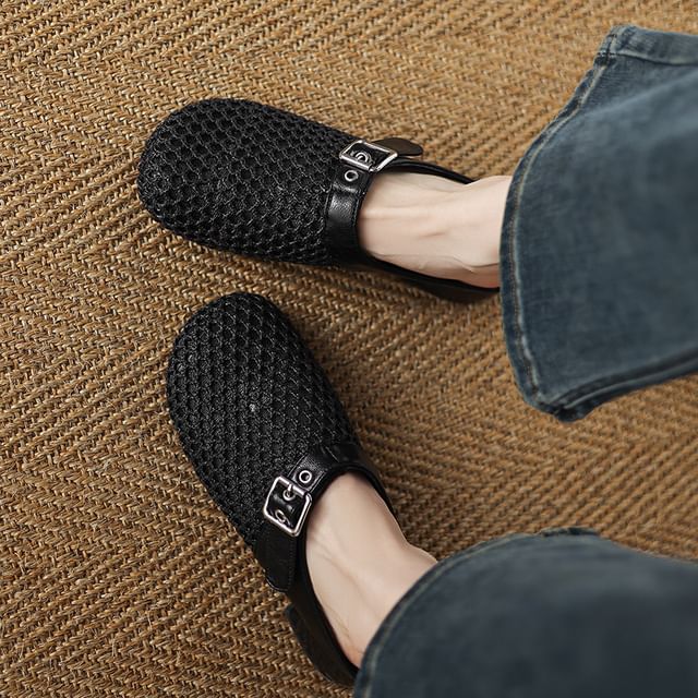 Megan-Low Heel Plain Buckled Mesh Mules