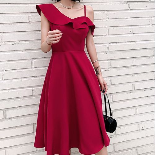 Fioridi - Asymmetrical Spaghetti Strap Ruffled Plain A-Line Cocktail Dress  | YesStyle