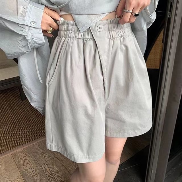ANORA-Elastic Waist Plain Asymmetrical Shorts
