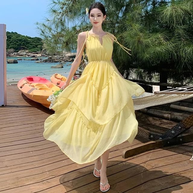 knee length dresses for ladies Magdalen Yellow Floral Maxi Dress main image 0