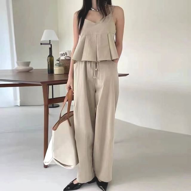 Lewwe-Set Plain Peplum Cami Top Drawstring Waist Wide Leg Pants