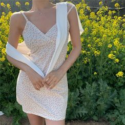 Conah - Spaghetti Strap Floral Print Mini Bodycon Dress / Open-Front Cardigan Conah - Spaghetti Strap Floral Print Mini Bodycon Dress / Open-Front Cardigan