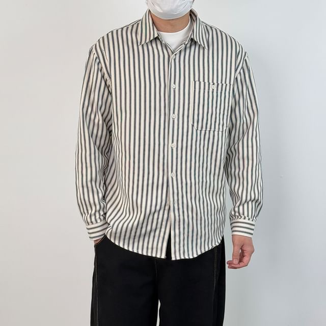 DragonRoad-Long-Sleeve Striped Button-Up Shirt