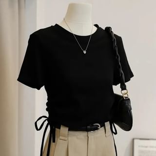 PERKARP Short-Sleeve Crew Neck Plain Lace Up T-Shirt Sale