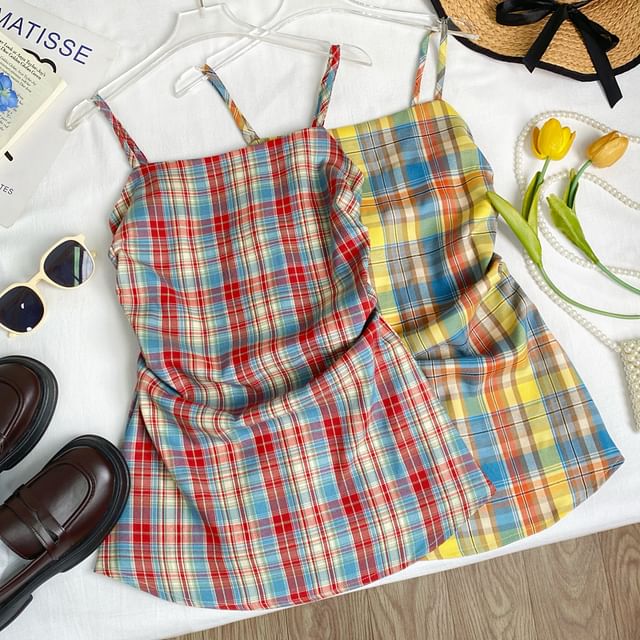 Iasia-Plaid Ruched Camisole Top