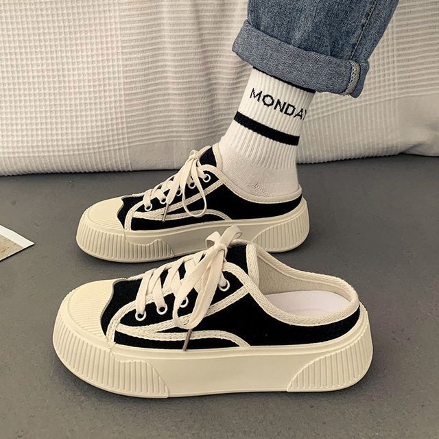 Sleeko-Contrast Trim Platform Sneaker Mules