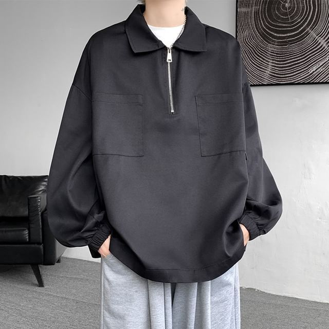 POSI-Long-Sleeve Plain Half-Zip Polo-Neck Sweatshirt