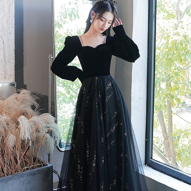 bridal shower spring dress Illusion Neckline Beads Sexy High Split Black Long Sleeves Formal Evening Dress QP0845 US16 / As Picture main image 1