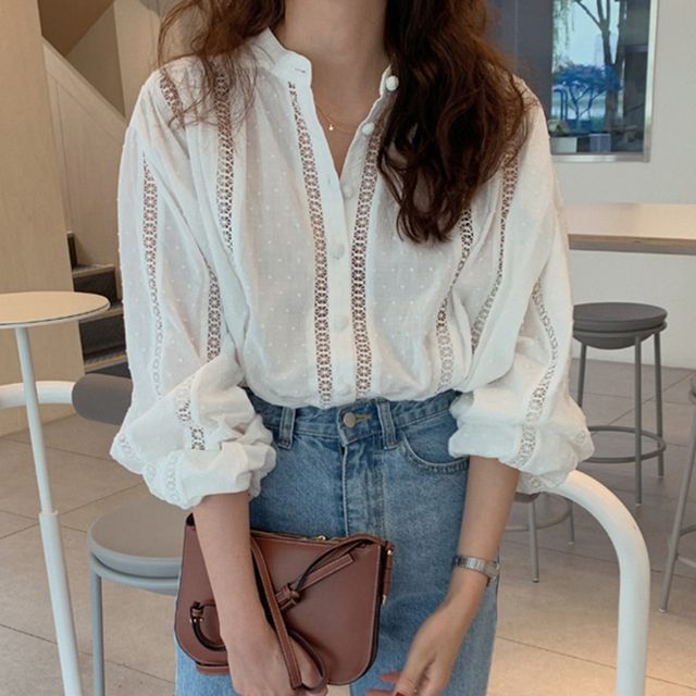 Coris-Long-Sleeve Perforated Blouse