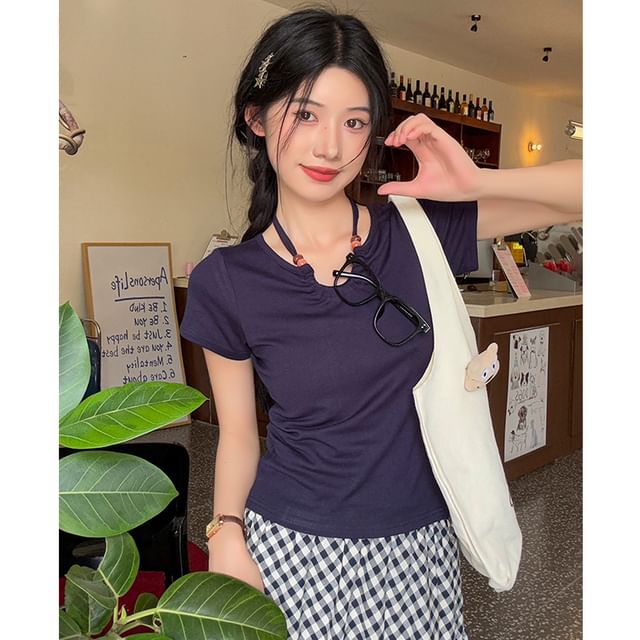 Shopherd-Short Sleeve Round Neck Plain Cutout T-Shirt