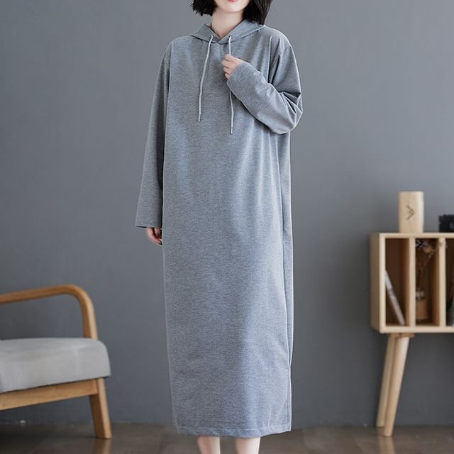 Lucuna-Long-Sleeve Drop Shoulder Drawstring Plain Midi Hoodie Dress