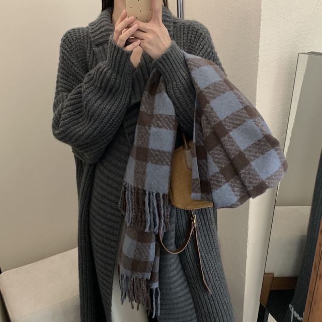 Combon-Plaid Fringe Scarf
