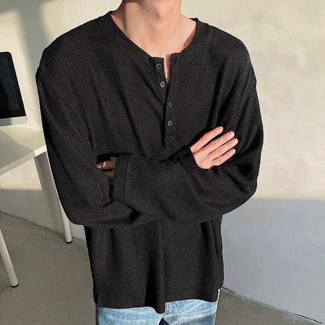 Orungeetun-Long Sleeve Henley Plain Slit Top