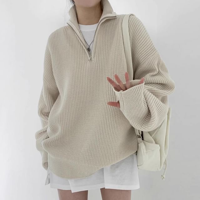 Coris-Half-Zip Plain Ribbed Oversized Sweater