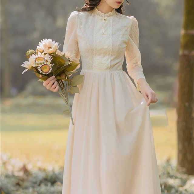 French Village - Long-Sleeve Mock-Neck Midi A-Line Lace Dress | YesStyle
