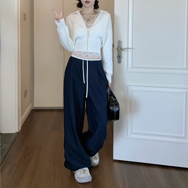 Trendycas-Collared Plain Zip Cardigan Sleeveless V-Neck Plain Lace Top Drawstring Waist Two Tone Panel Baggy Sweatpants