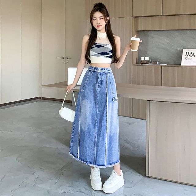 Yesstyle A Line Denim Skirt Maxi Folifa High Waist Washed Fray