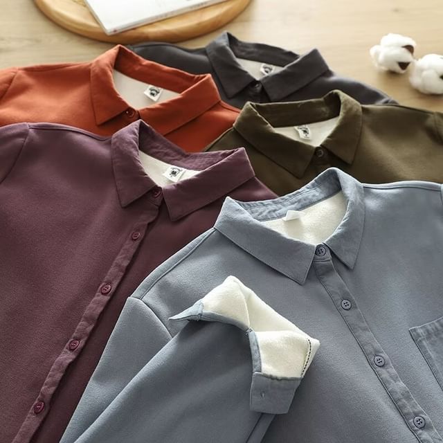 PANDAGO-Plain Fleece-Lined Button-Up Shirt