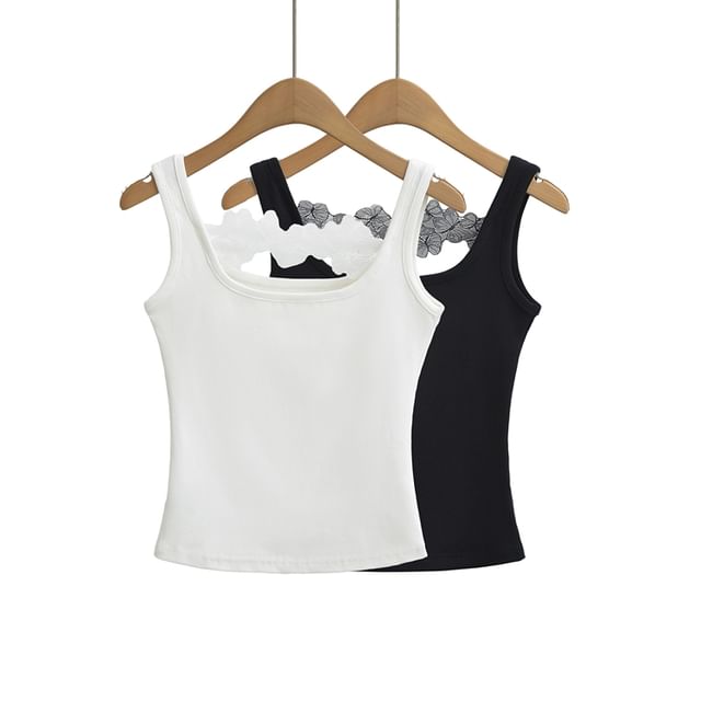Ulark-Square Neck Plain Lace Panel Slim Fit Crop Tank Top