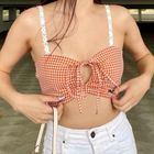 Pandaramma - Lace Strap Plaid Tie-Front Cropped Top