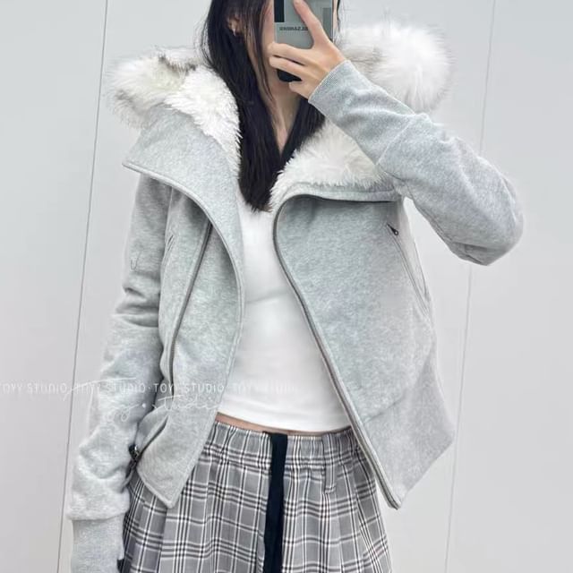 Asiris-Furry Trim Hooded Zip-Up Jacket