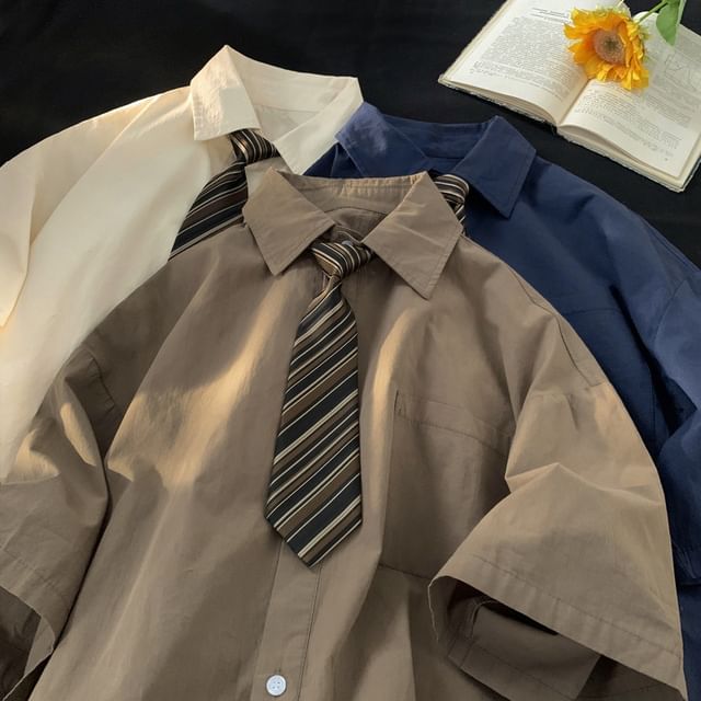 Capbrew-Oversized Short-Sleeve Plain Shirt with Necktie