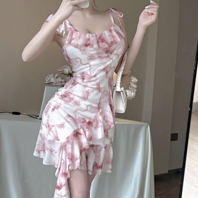 Spaghetti Strap Scoop Neck Tie Dye Asymmetrical Ruffle Trim Mini Bodycon  Dress