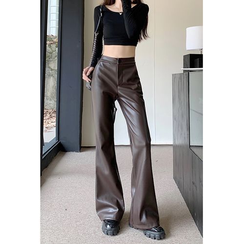Okalpis - Mid Waist Faux Leather Wide Leg Pants | YesStyle